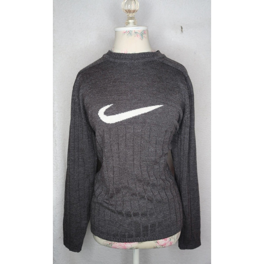 Nike Vintage Gray‎ Knit Sweater Women's M / White Swoosh Logo Crewneck Pullover
